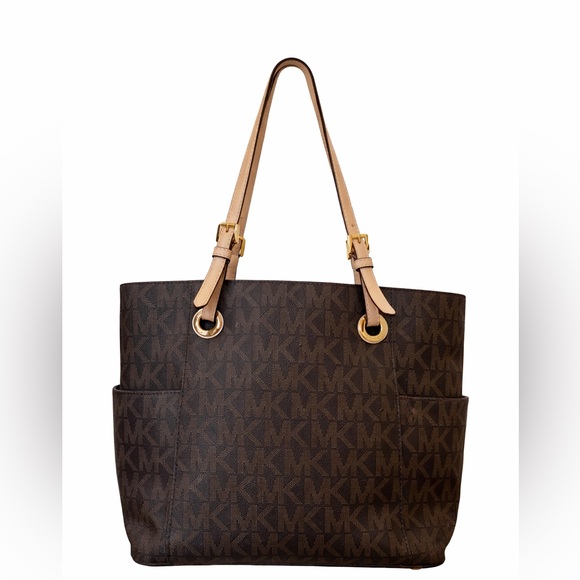 Michael Kors Jet Set Travel Large Tote Brown MK Logo Beige - Picture 3 of 9